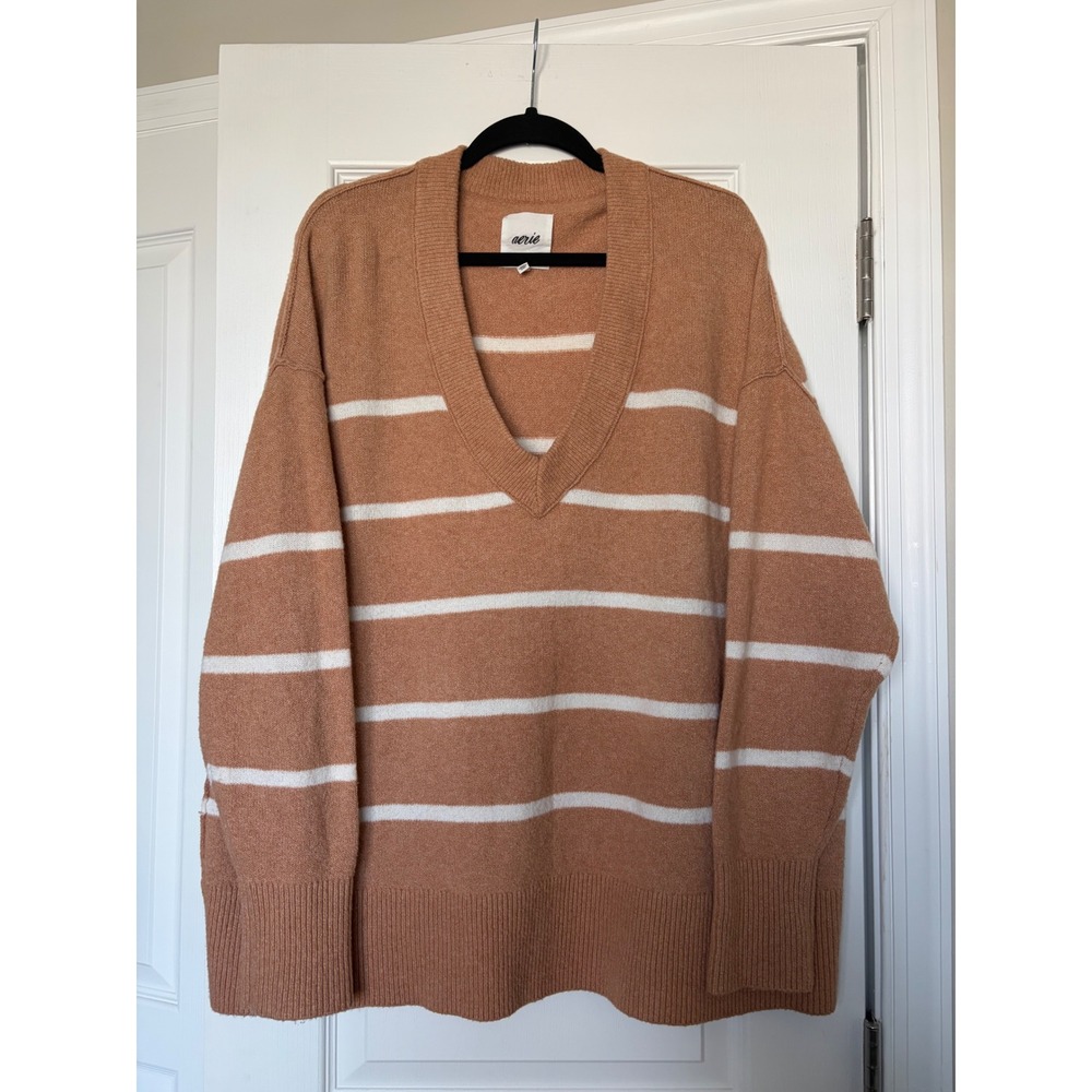 Aerie Oversized V-Neck Striped Sweater Tan White Large Drop Shoulder Knit
